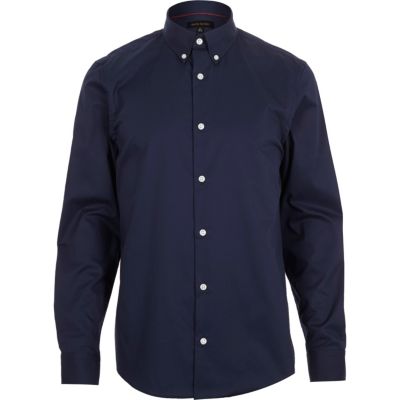 Navy twill button collar slim fit shirt
